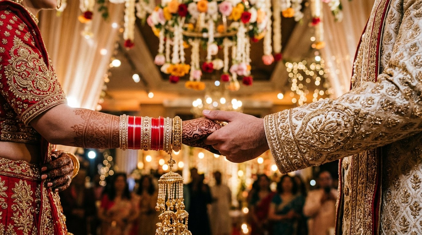 Indian wedding bride and groom holding hands